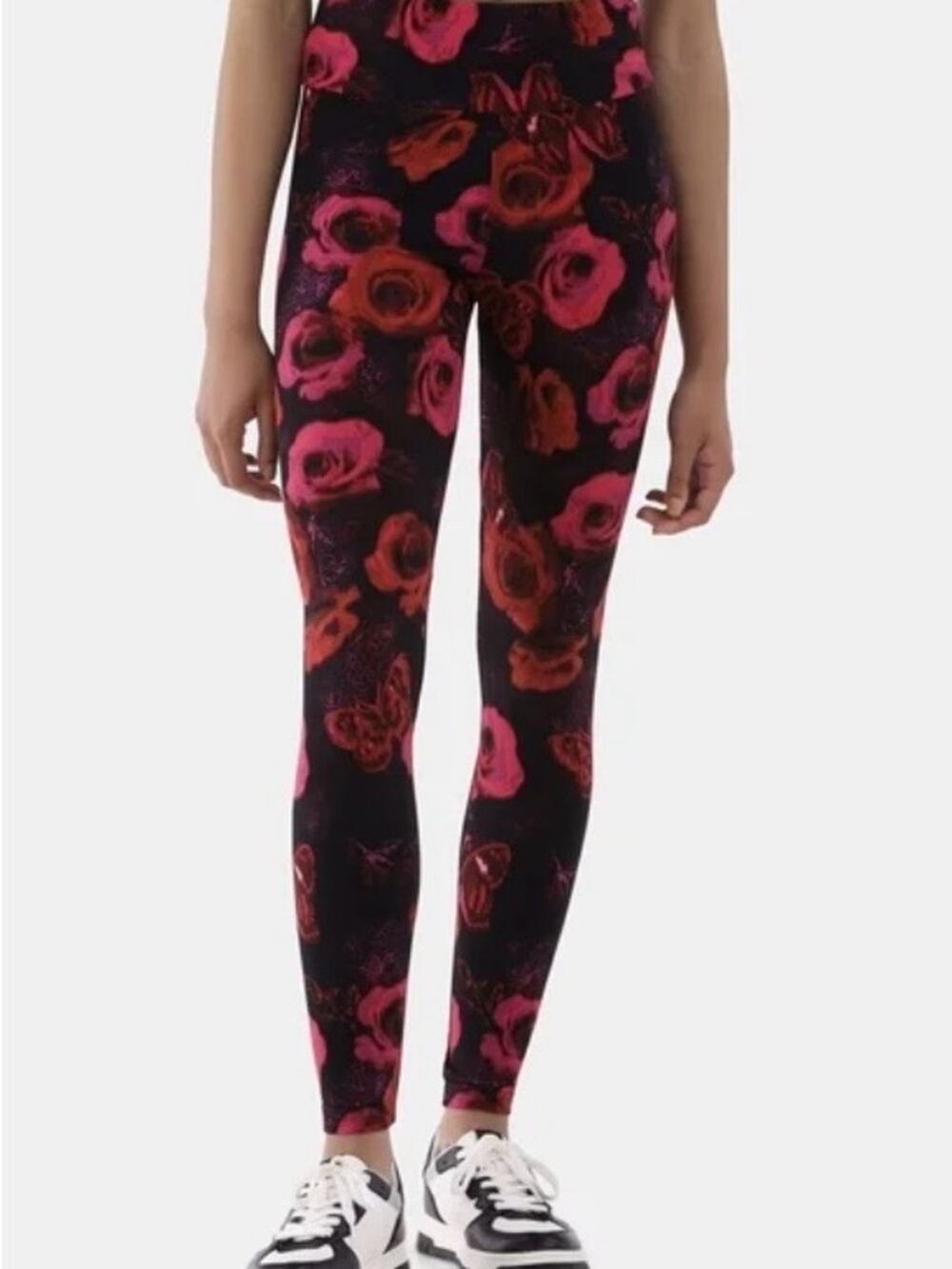 No Boundaries Sueded Black Leggings with Pink & Red Rose Print 1X NWOT